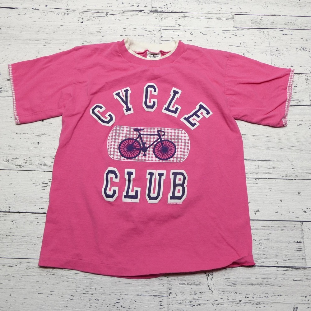 Vintage‎ Ross Cycle Club Shirt Youth 14/16 Pink Graphic Bicycle Tee Made USA 90s